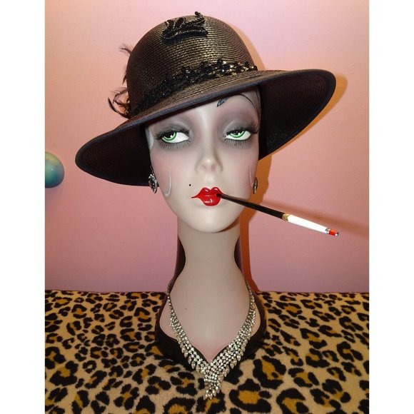 Vintage Black Church Hat with beads sequins feathers & flower goth pinup retro main image 6